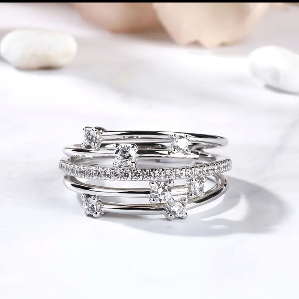Stacked Multilayer 925 Silver Plated Zircon Ring Bridal Promise Wedding Size 8